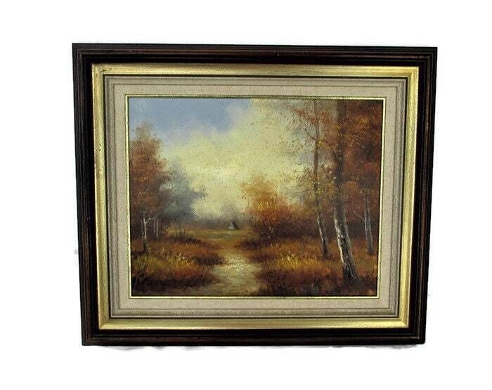 Small Lovely Oil Painting On Canvas Framed Landscape Wood Cabin photo furniture