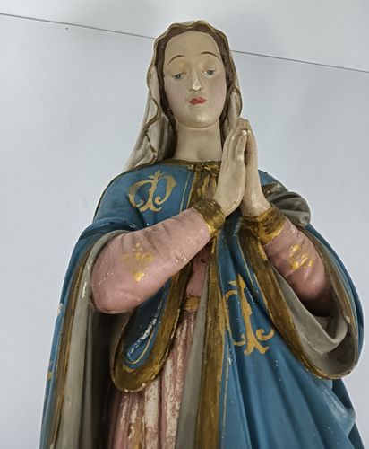 Large Antique Polychrome Madonna Statue Church Monastery Plaster Neo Gothic Virg photo vintage