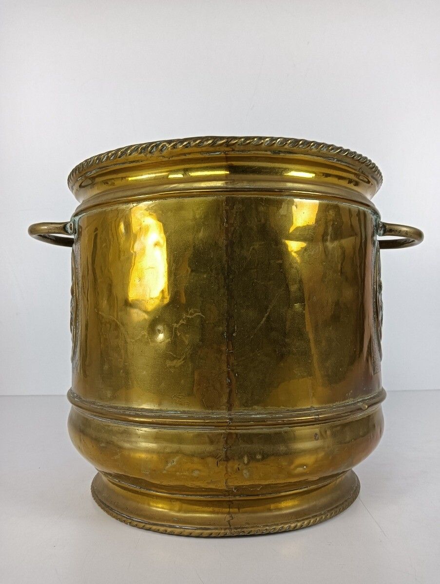 Stunning Antique Kettle Brass Ornate Planter 19th Century Deer Hunting Scenes Co photo furniture
