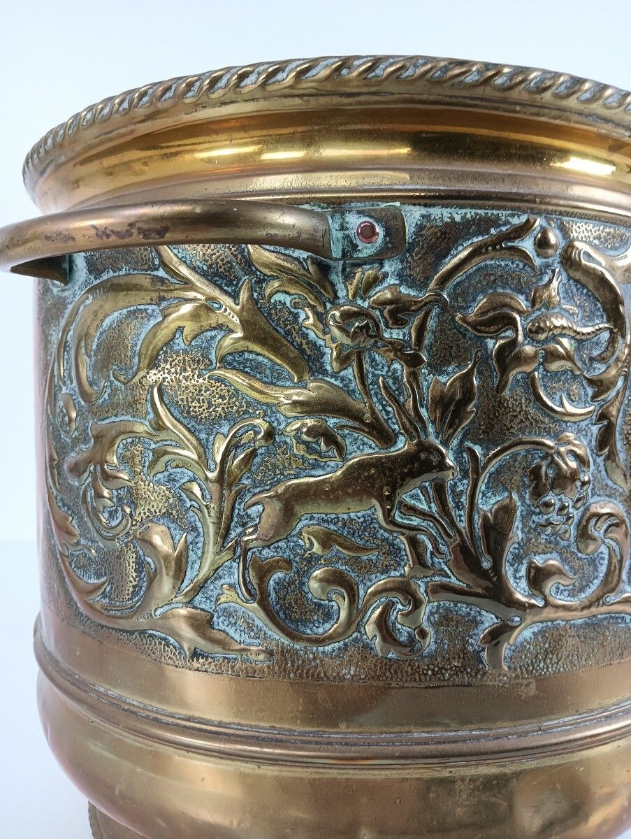 Stunning Antique Kettle Brass Ornate Planter 19th Century Deer Hunting Scenes Co photo Home Decor