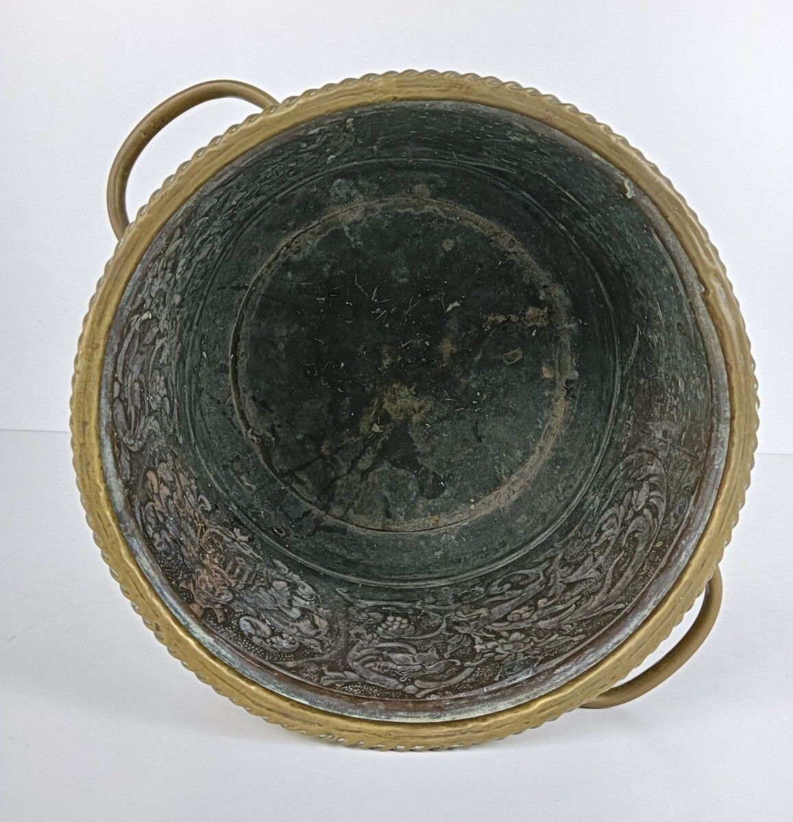 Stunning Antique Kettle Brass Ornate Planter 19th Century Deer Hunting Scenes Co photo vintage