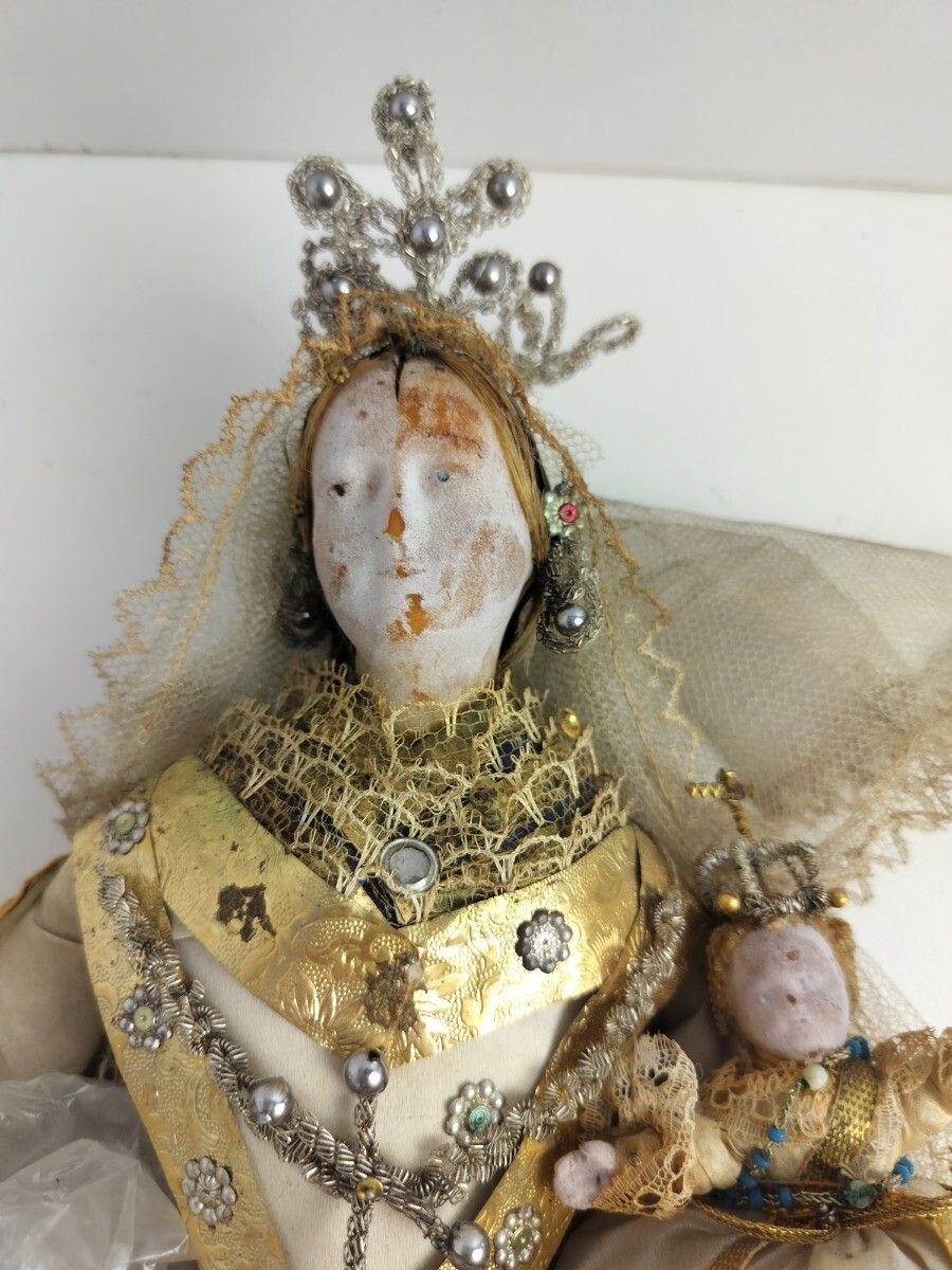 Antique Extremely Rare Stake Madonna Flanders Hand Made Wax Paper Doll 1800s Vir photo 244.0
