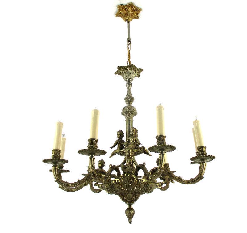 Stunning Chandelier 9 Lights Arm Putti Hollywood Regency Ornate Brass