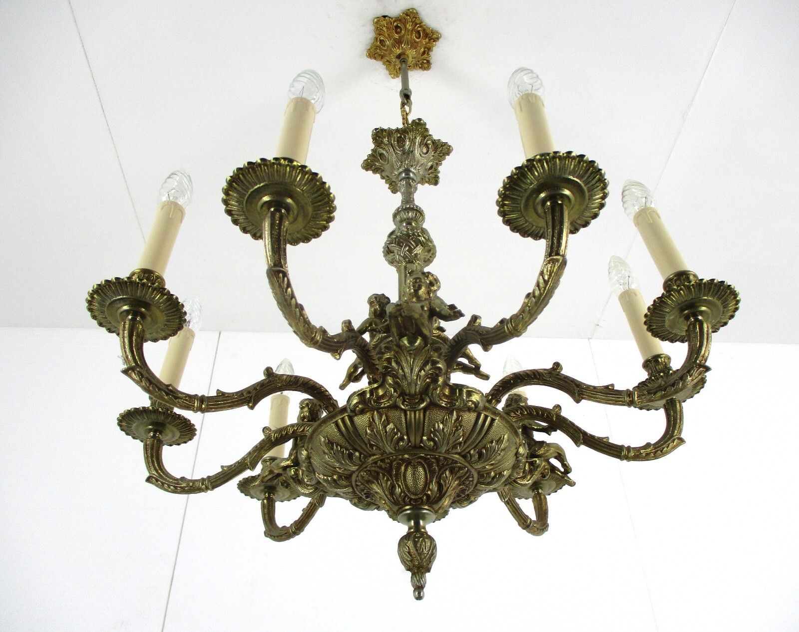 Lighting Stunning Chandelier 9 Lights Arm Putti Hollywood Regency Ornate Brass photo