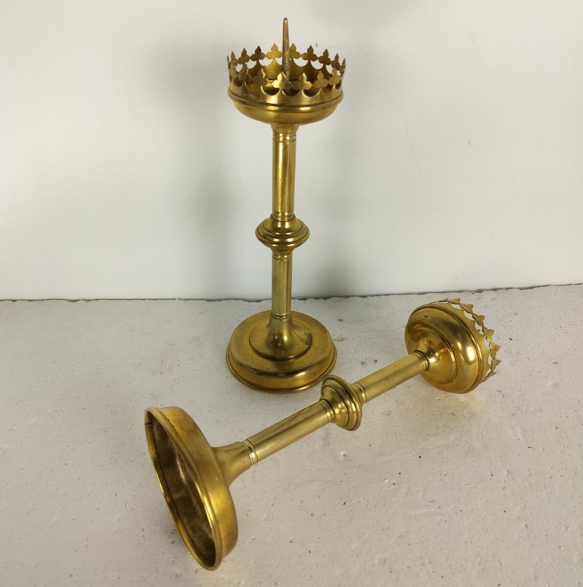 Antique Couple Small Ornate Gothic Brass Candle Sticks Candle Holders Lovely photo for sale