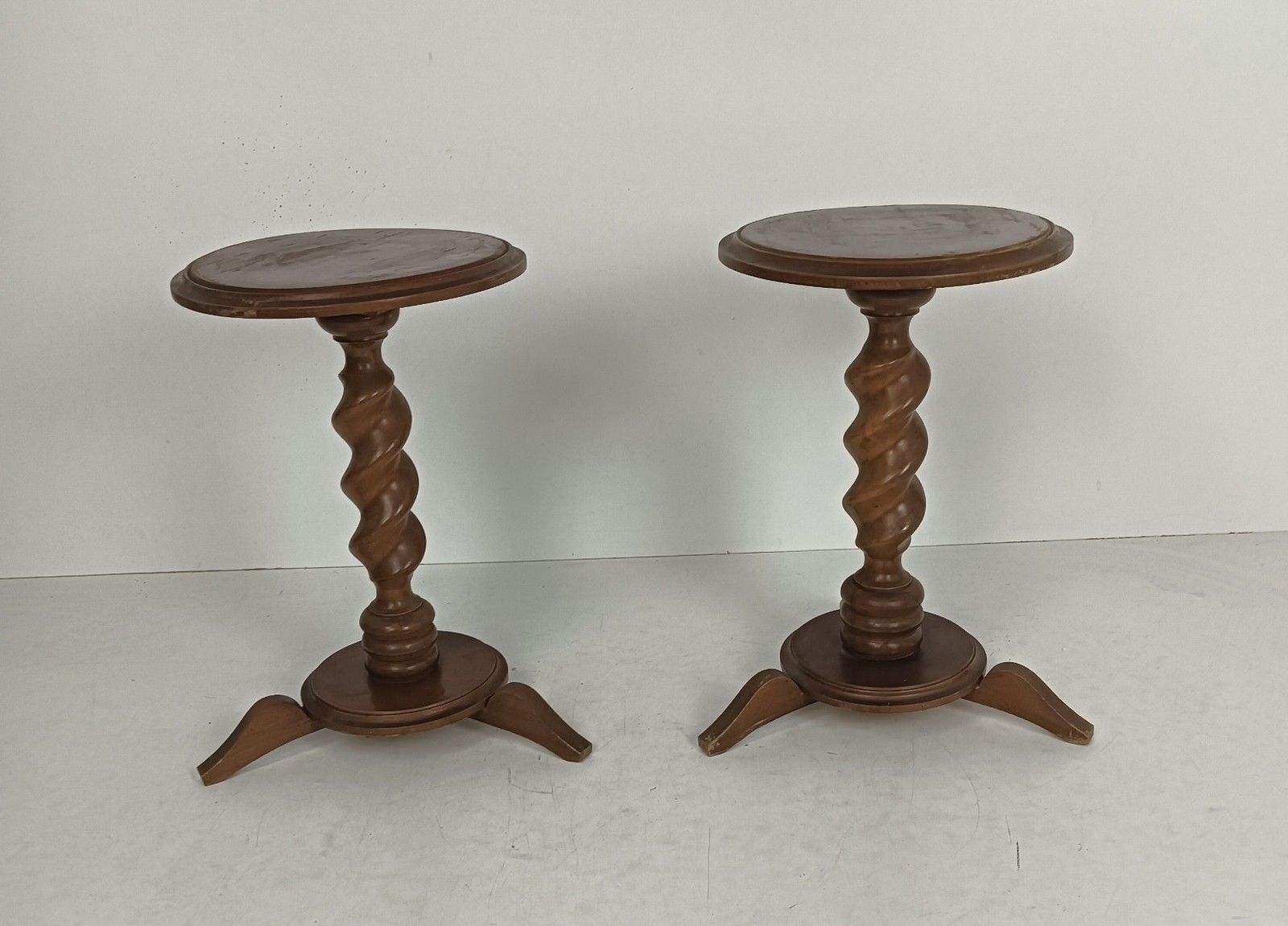 Pair Lovely Vintage Barley Twist Carved Wood Pedestals Tripod Legs, Side Tables photo furniture