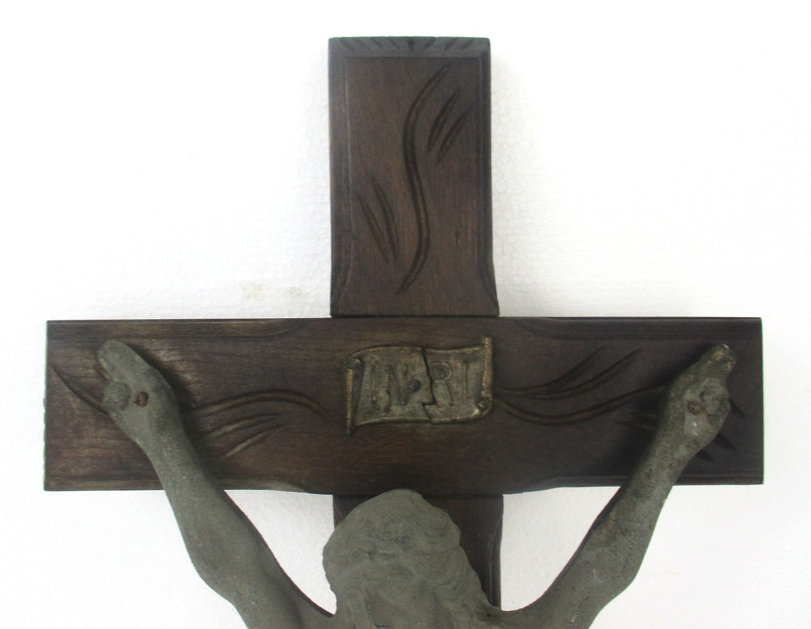 Large Wall Hanging Hand Carved Wood Crucifix Cross Jesus Christ Faux Brass Spelt photo furniture