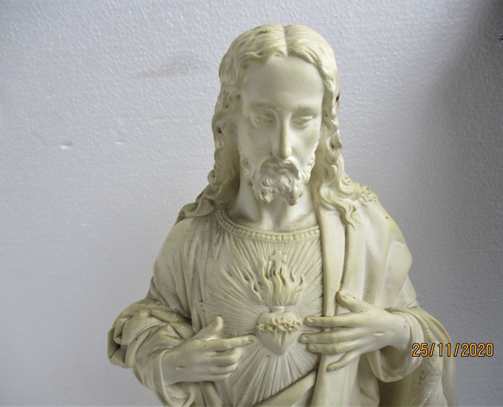 Antique Statue Jesus Christ Savior Sacred Holy Heart Plaster White Art Deco 1920 photo 263.0