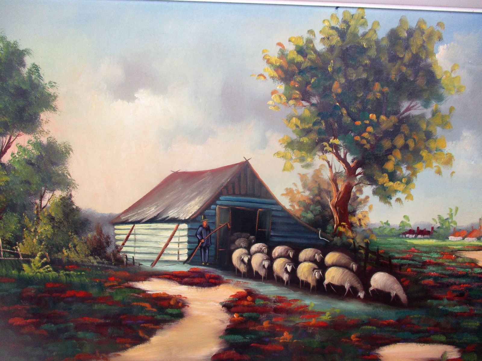 Xl Oil Painting Ornate Wood Plaster Frame Sheep Shepherd Gorgeous Frame Signed B photo for sale