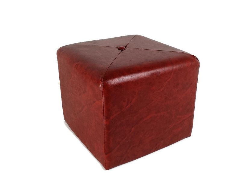 Retro Patchwork Footstool Stool Red Faux Leather  Pouf Cut And Sew Ottoman Seat