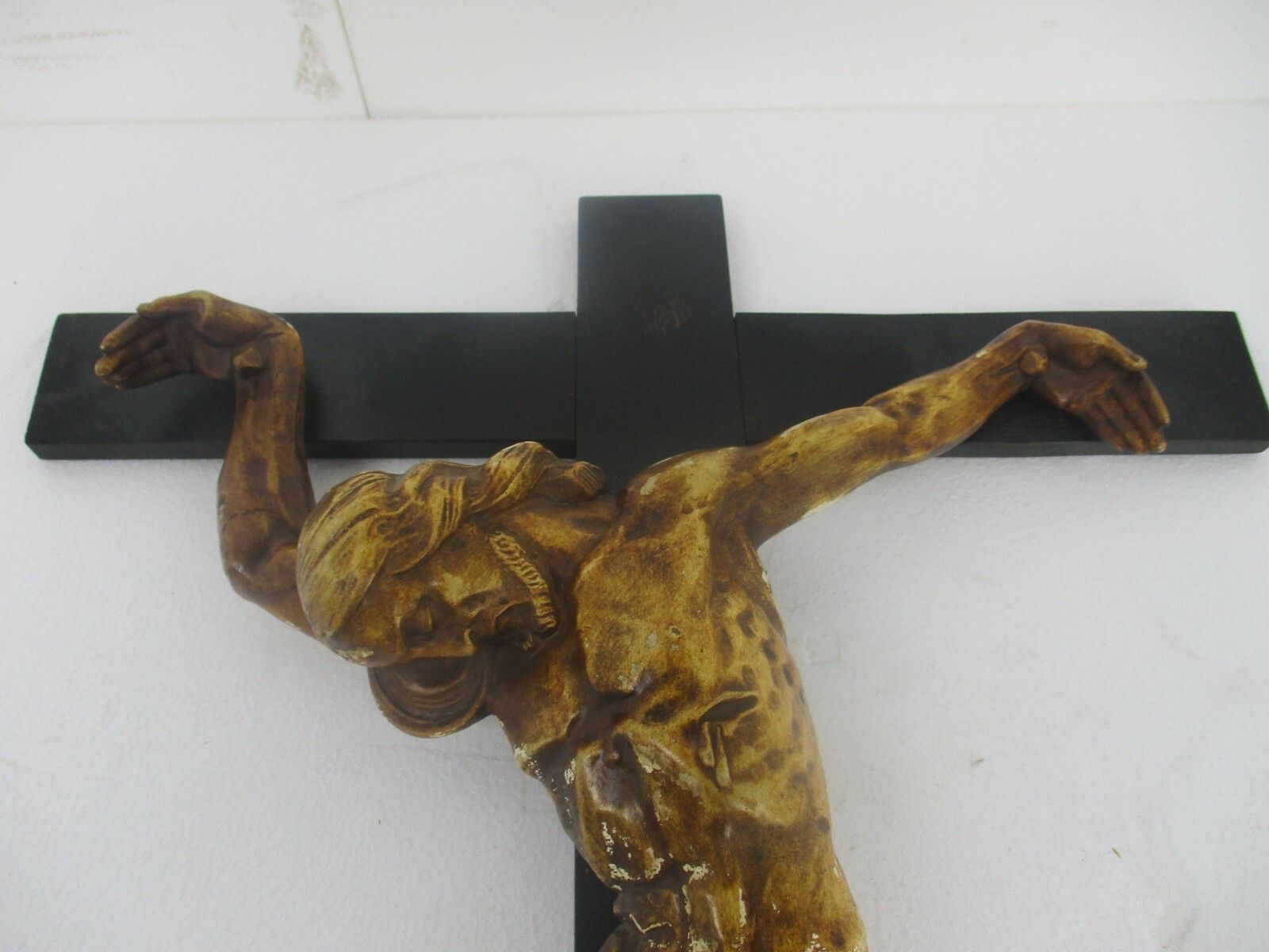 Xl Wood Hanging Church Crucifix Plaster Corpus Signed Van Der Meeren Dramatic photo for sale