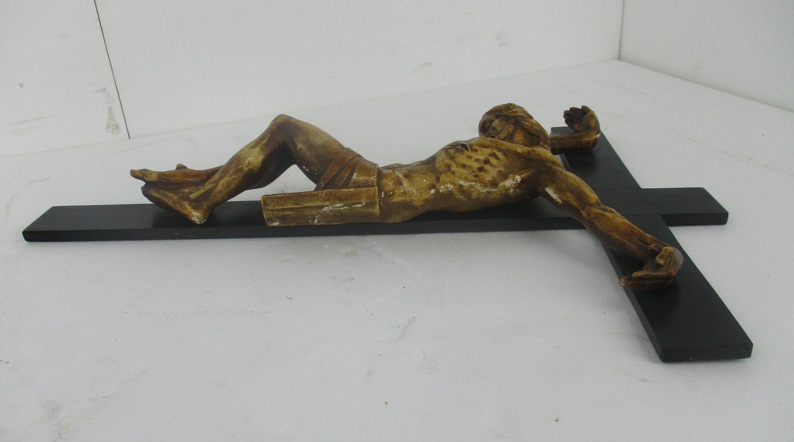 Xl Wood Hanging Church Crucifix Plaster Corpus Signed Van Der Meeren Dramatic photo vintage