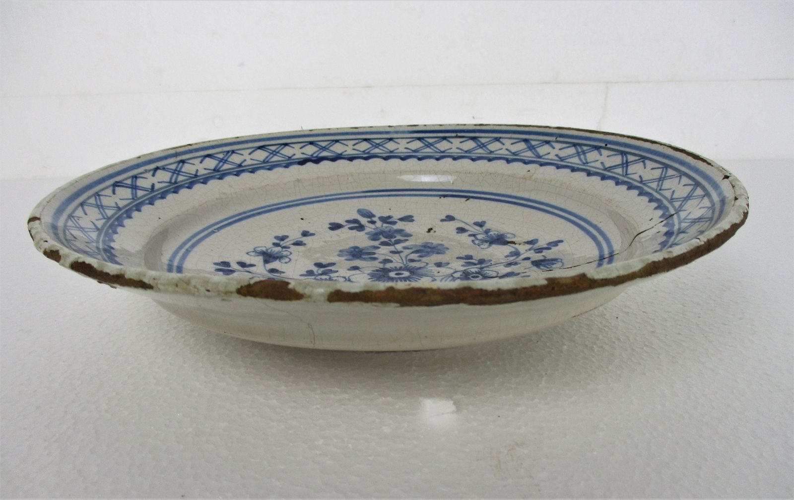 19th Century Delft Wall Hanging Charger Plate Blue White Antique Flower Pattern photo for sale