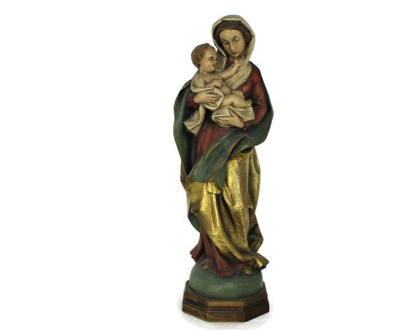 Xl Virgin Mary Madonna Infant Child  Wooden Statue Chapel  Polychrome 21.25"