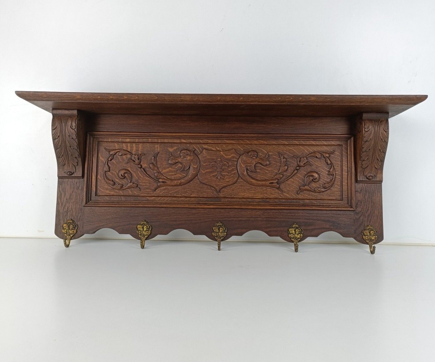 Gorgeous Antique Carved Wood Coat Hat Rack Ornate Etched Hand Carved Wood Shield photo for sale