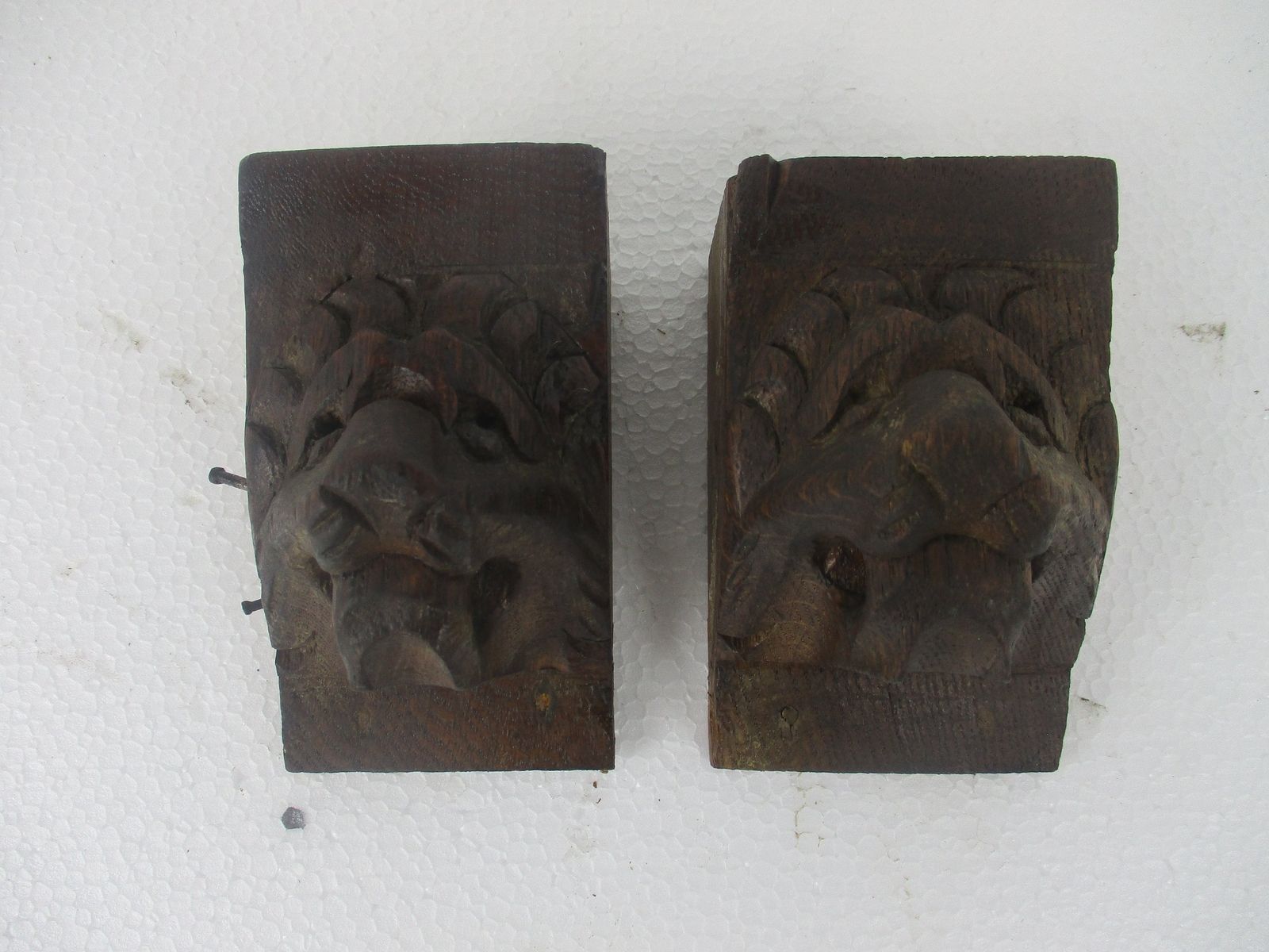 Antique Pair Corbels Hand Carved Wood Architectural Reclaimed Lion Heads Trim photo for sale