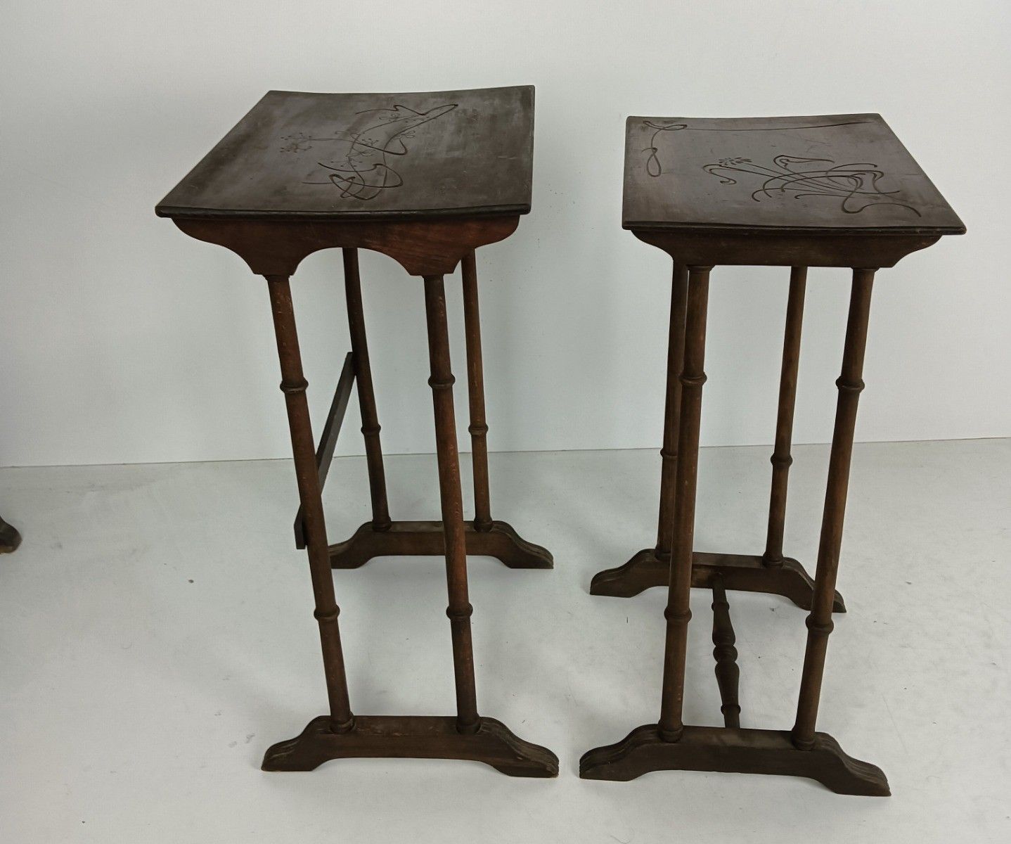 Set Of Two Nesting Stacking Tables Edwardian Antique Carved Wood France Rare photo furniture