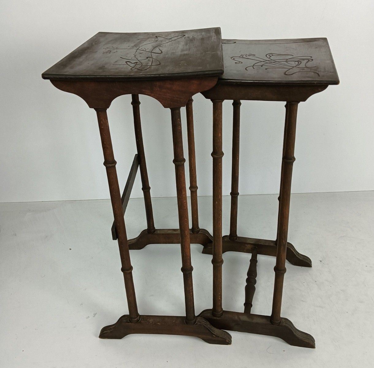 Set Of Two Nesting Stacking Tables Edwardian Antique Carved Wood France Rare photo for sale