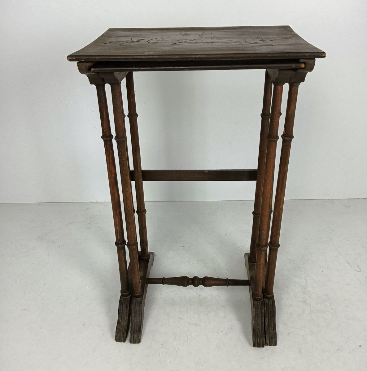 Set Of Two Nesting Stacking Tables Edwardian Antique Carved Wood France Rare photo Furniture