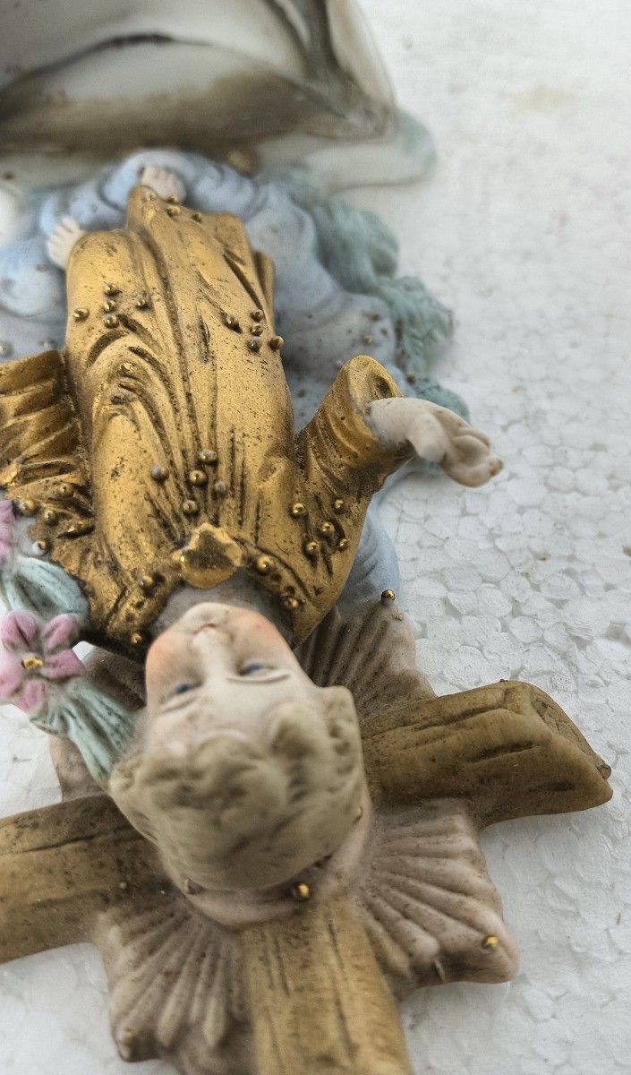 Holy Water Font Vessel Porcelain  Bisque Infant Jesus Lovely Vintage photo for sale
