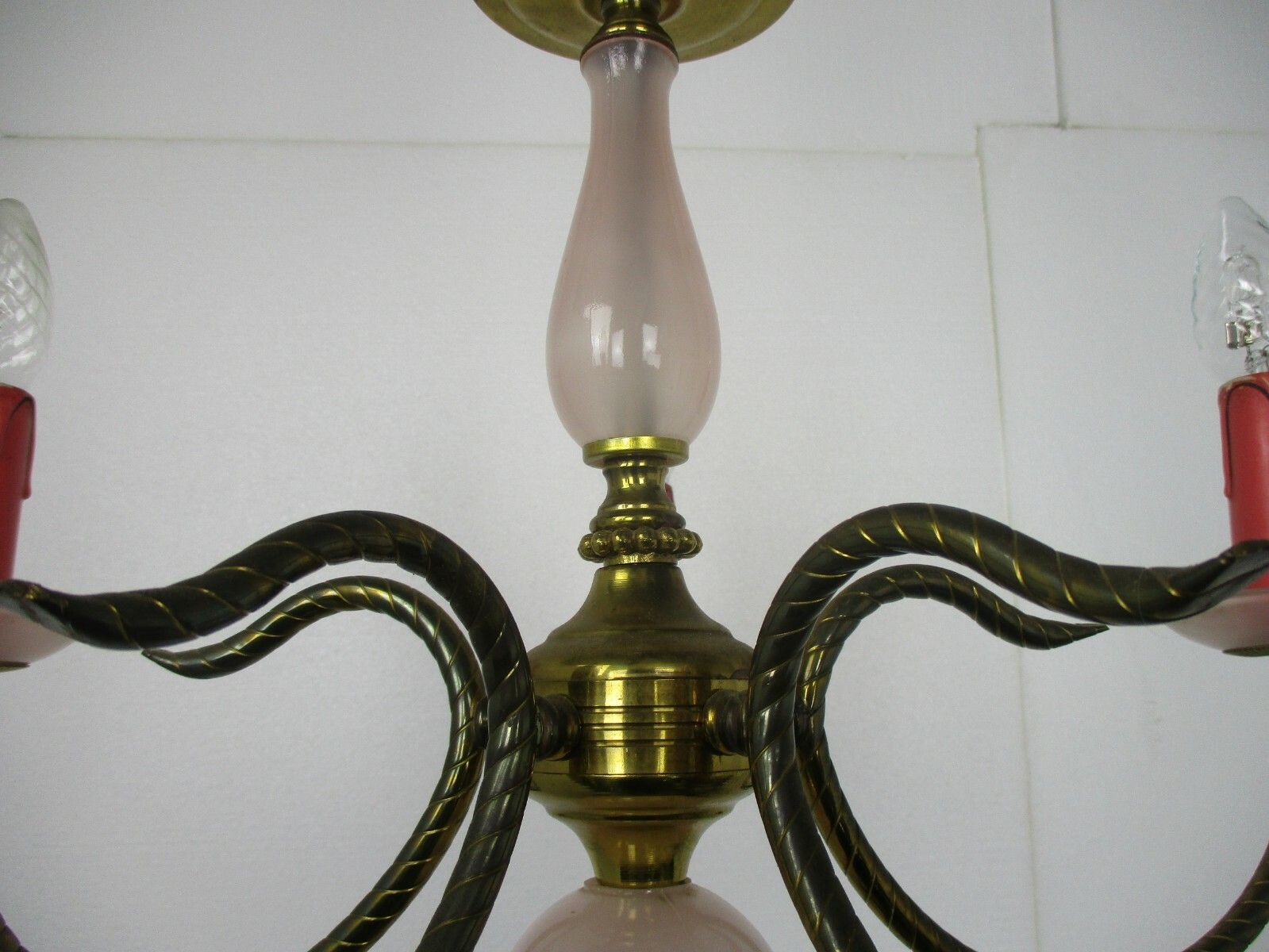 Chandelier Hollywood Regency Romantic 5 Arm Lights Opaline Glass Pink Brass photo Lighting