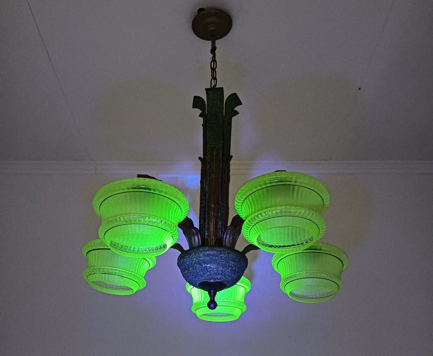 Art Deco Chandelier Antique Fixture Art Glass Uranium Lights Up Extremely Rare 5 photo for sale