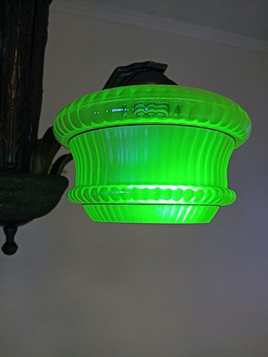 Art Deco Chandelier Antique Fixture Art Glass Uranium Lights Up Extremely Rare 5 photo Lighting