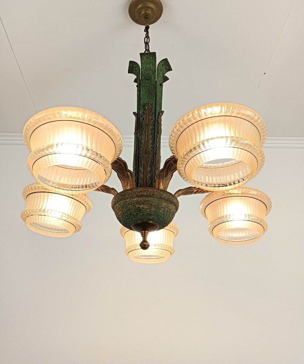 Art Deco Chandelier Antique Fixture Art Glass Uranium Lights Up Extremely Rare 5 photo 809.0