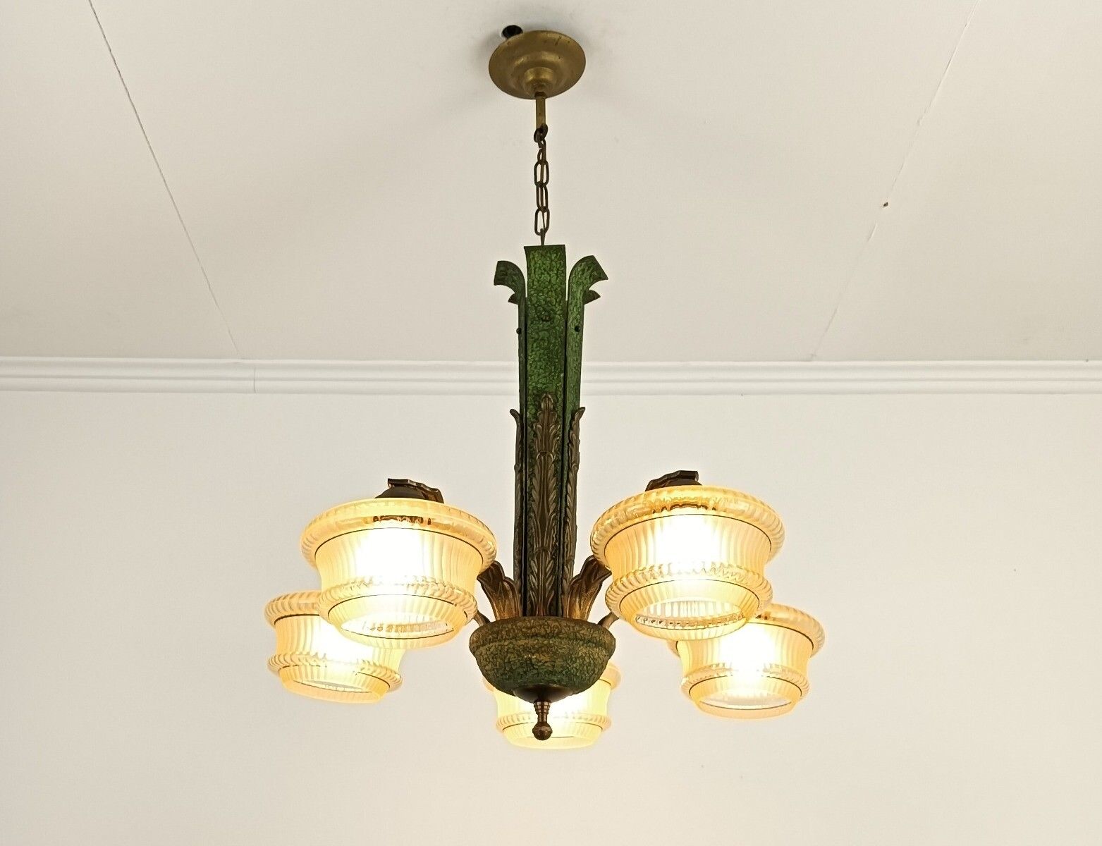 Art Deco Chandelier Antique Fixture Art Glass Uranium Lights Up Extremely Rare 5 photo vintage