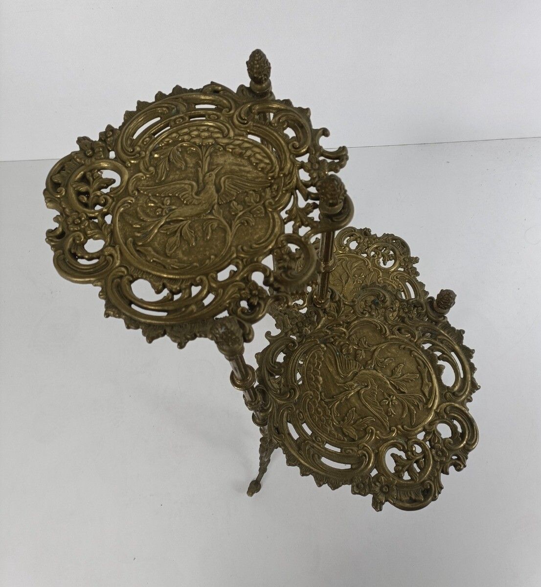 photo for sale Ornate French Brass Pedestal Table Plant Stand 3 Tier Hollywood Regency Birds Wo