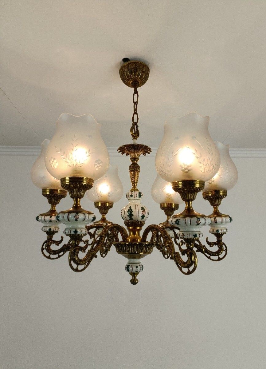 Vintage Chandelier Brass Porcelain Glass Shades 6 Lights Fixture Light photo Lighting