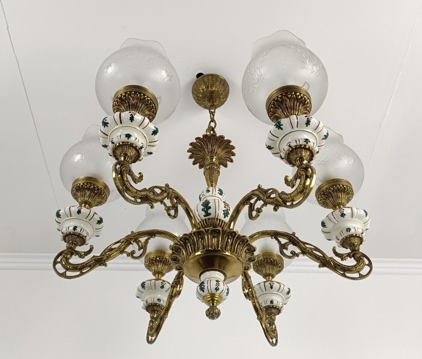 Vintage Chandelier Brass Porcelain Glass Shades 6 Lights Fixture Light photo buy