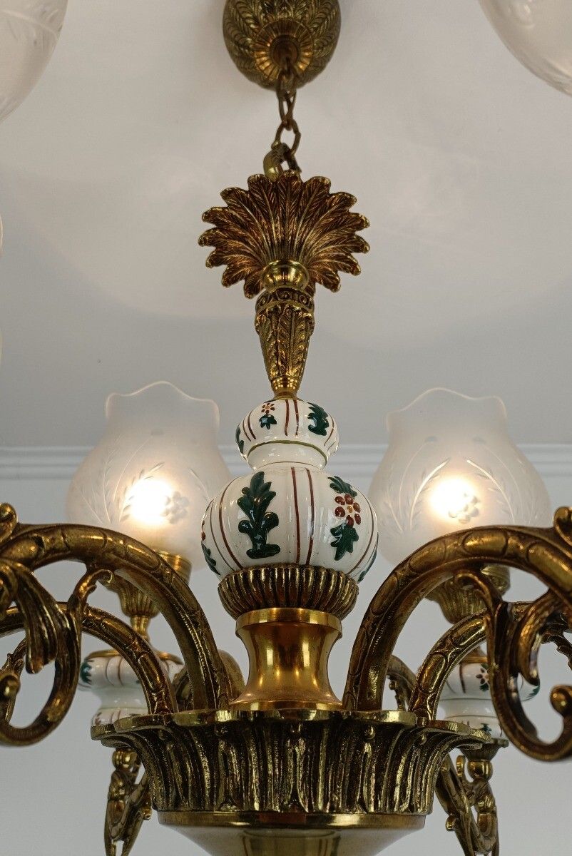 Lighting Vintage Chandelier Brass Porcelain Glass Shades 6 Lights Fixture Light photo