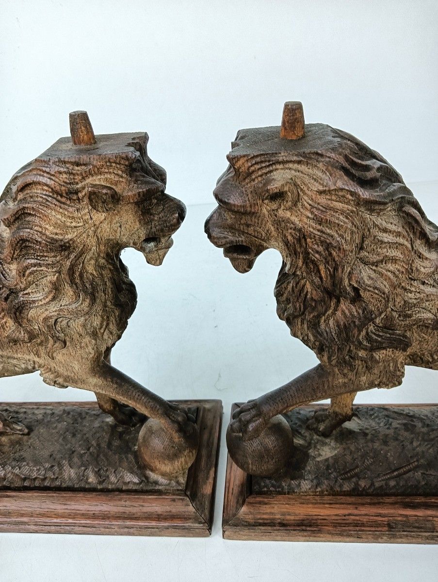 Stunning Antique Hand Carved Wood Figurines Pair Lions Large Trims Reclaimed Arc photo for sale