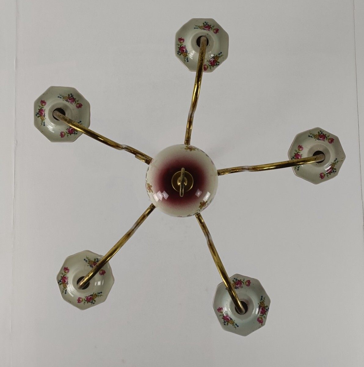 photo furniture Chandelier Italy Italian Porcelain Pink Flowers Modernist Vintage 5 Arms 5 Light
