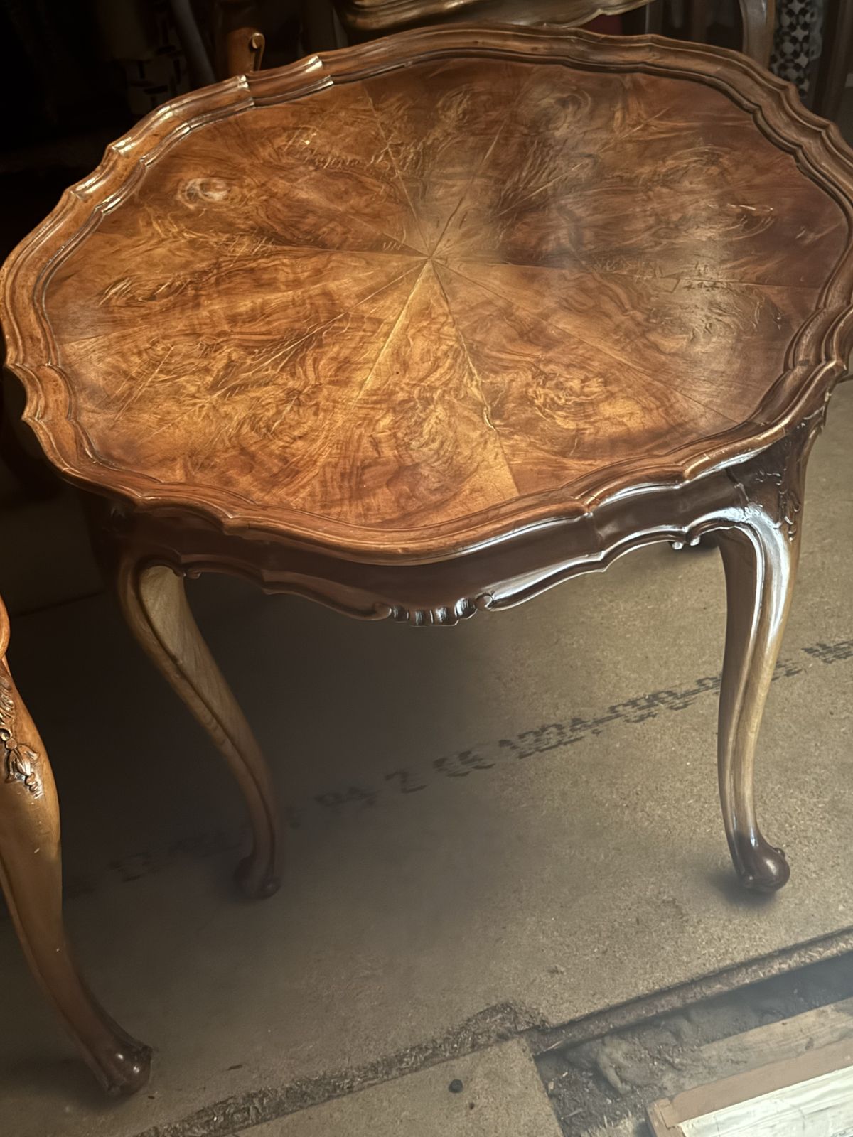 Antique French 1920's Burr Walnut Veneer Round Coffee Table