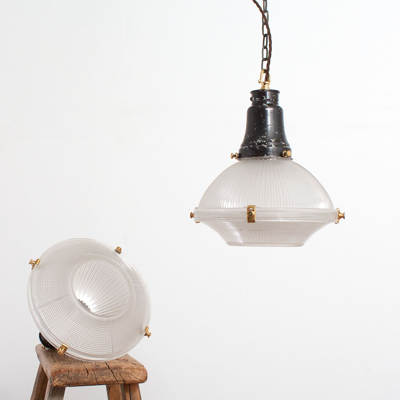 Antique Holophane 2 Part Reflector Pendant Light – C photo for sale