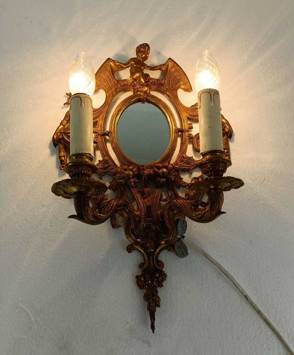Double Wall Sconce Light Rococo Ornate Brass Angel Women Mythology Gorgous Vinta photo furniture