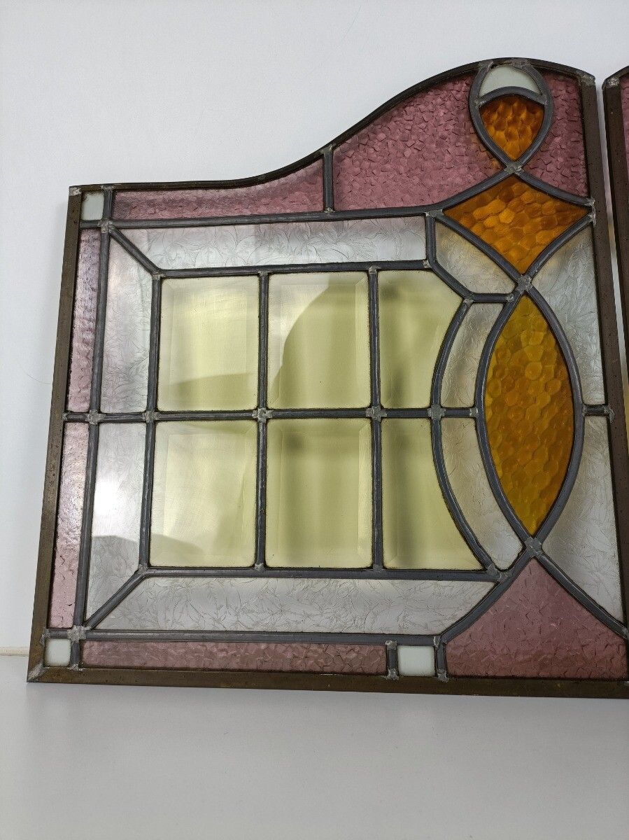 Antique Art Deco Leaded Glass Pair Polychrome Windows Reclaimed Architectural  P photo vintage