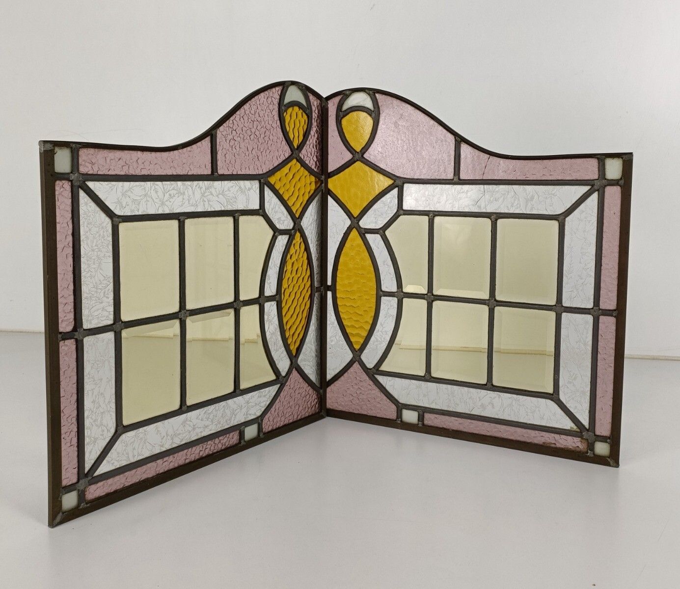 photo for sale Antique Art Deco Leaded Glass Pair Polychrome Windows Reclaimed Architectural  P