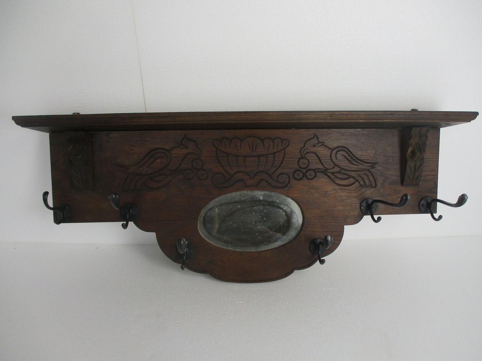 Antique Gorgeous Oval Beveled Glass Mirror Hand Carved Wood Coat Rack Birds Lion photo furniture