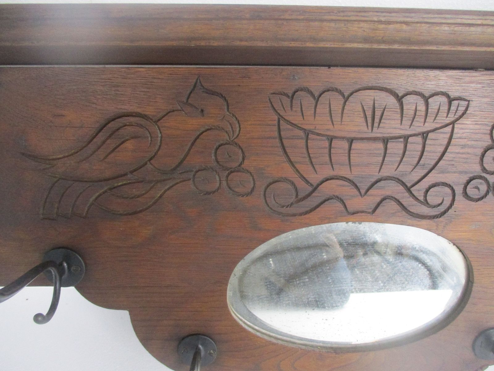Antique Gorgeous Oval Beveled Glass Mirror Hand Carved Wood Coat Rack Birds Lion photo for sale