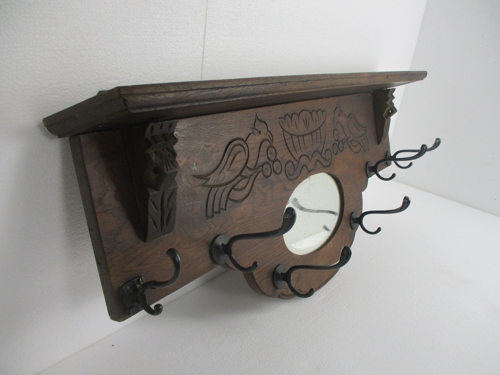 Antique Gorgeous Oval Beveled Glass Mirror Hand Carved Wood Coat Rack Birds Lion photo vinterior