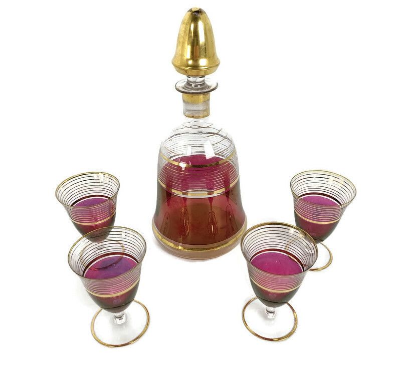 Bohemian Glass Art Deco Set Decanter 4 Shot Glasses Cranberry Gold Antique