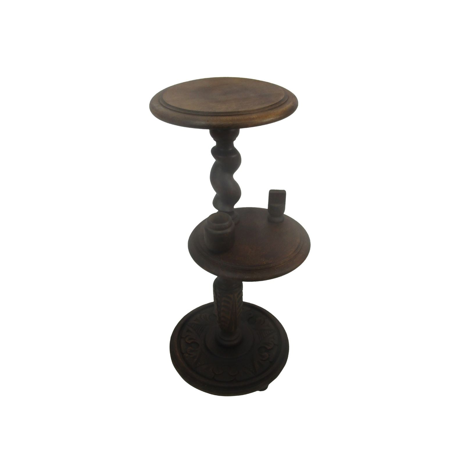 Ornate Carved Wood 2 Tier Open Barley Twist Pedestal Table Plant Stand Smokers T photo for sale