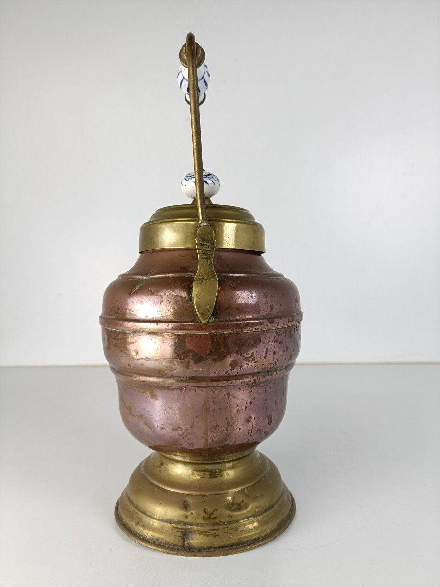 Antique Primitive  Brass Copper Jar Lidded Kettle Wonderful Delft Blue  Handle photo buy