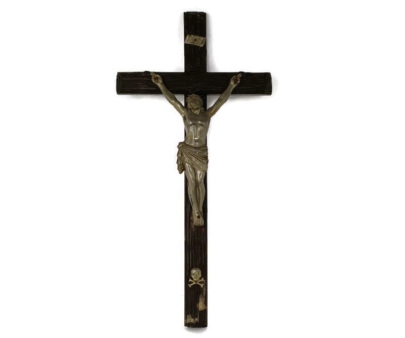 Large  Hand Carved Wood Hanging Crucifix Jesus Christ Cross Vintage  Spelter Cor