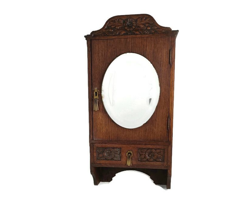 Gorgeous Medicine Apothecary Cabinet Oval Beveled Glass Mirror Hand Carved Wood