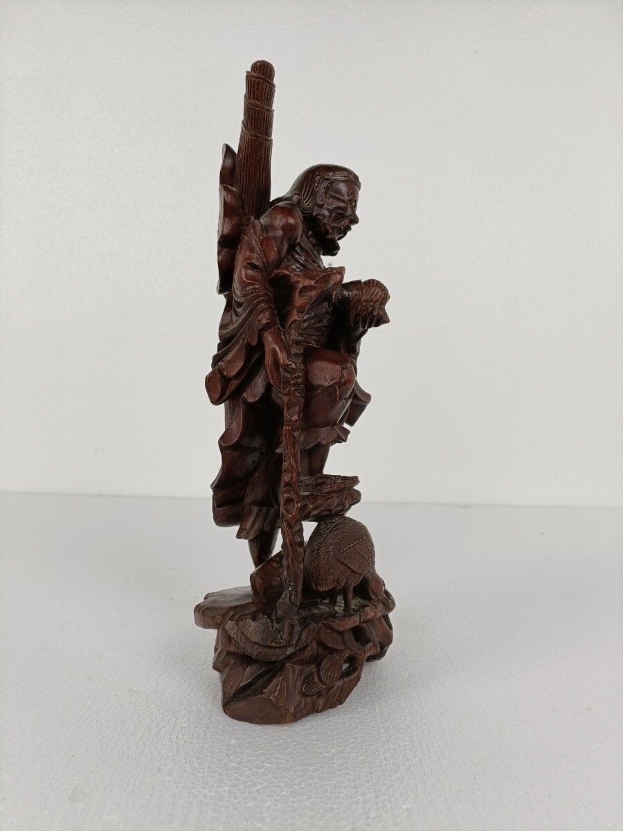 Chinese Rosewood Hand Carved Wooden Figurine Sculpture Traveler With Bird photo for sale