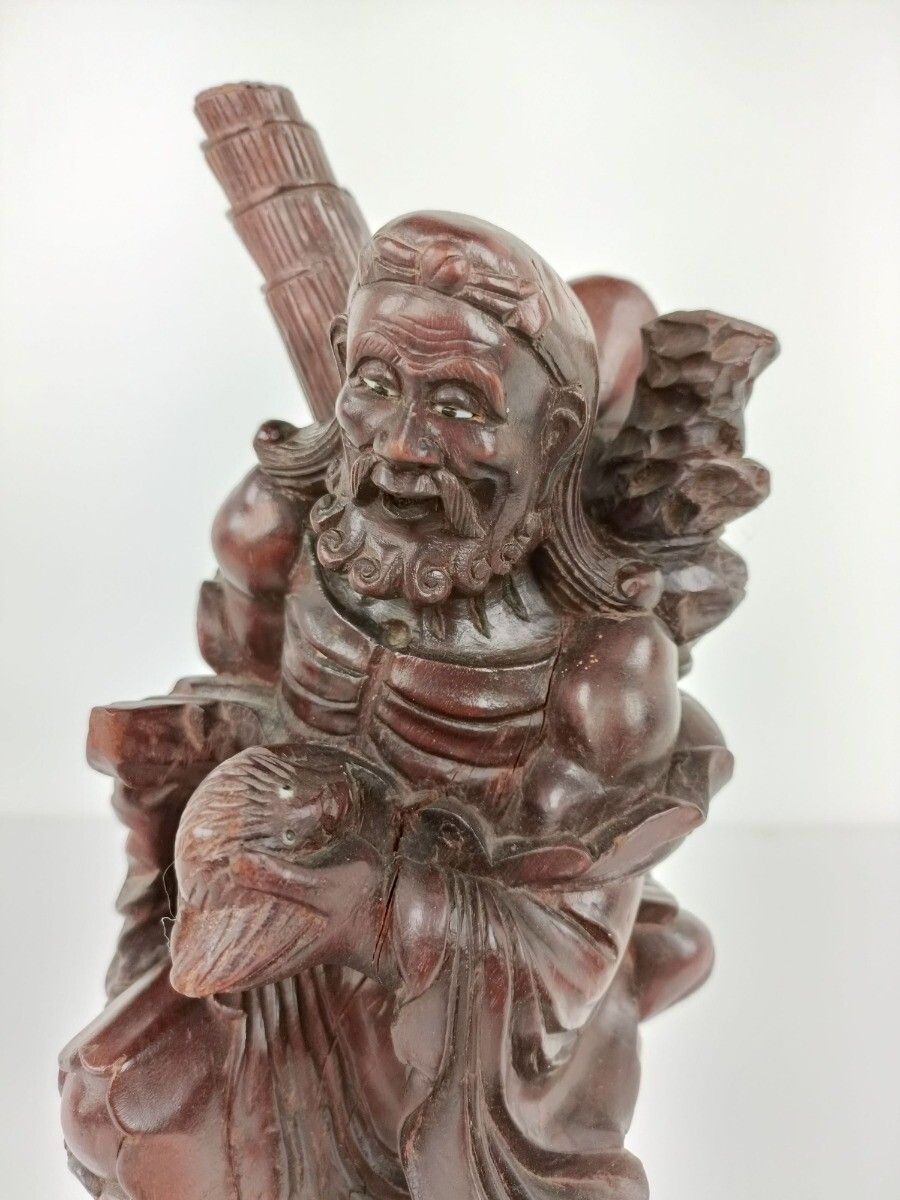 Chinese Rosewood Hand Carved Wooden Figurine Sculpture Traveler With Bird photo vinterior
